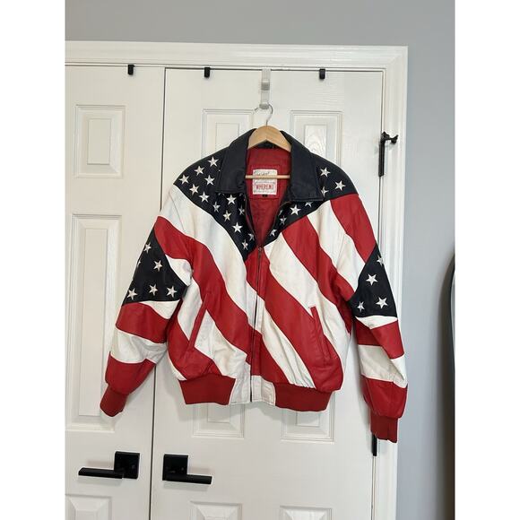 Vintage Michael Hoban Leather Jacket XL 80s Wheremi American Flag Striped - Picture 1 of 9